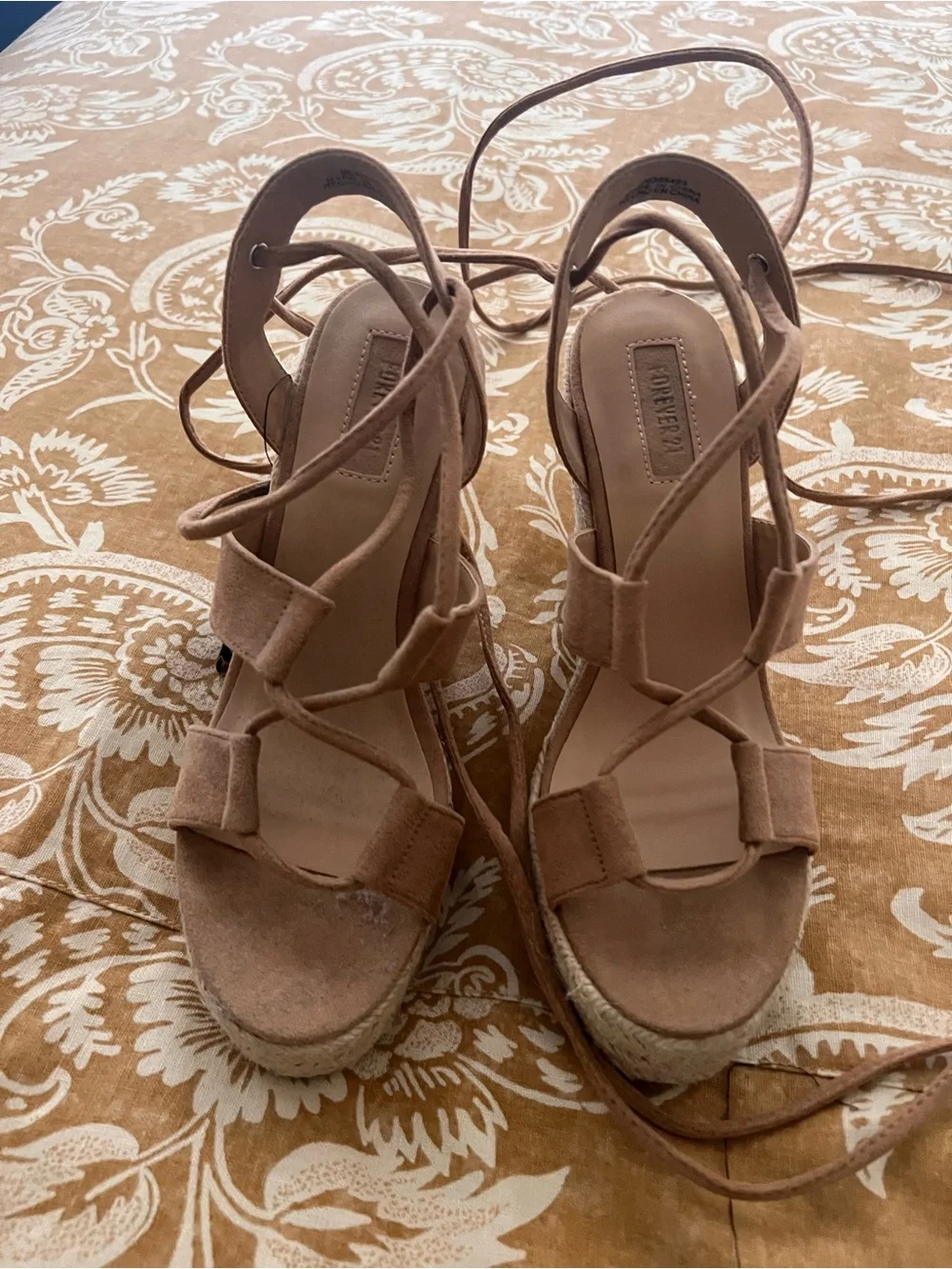 Forever 21 Tan Suede Lace-Up Espadrille Wedge Sandals
